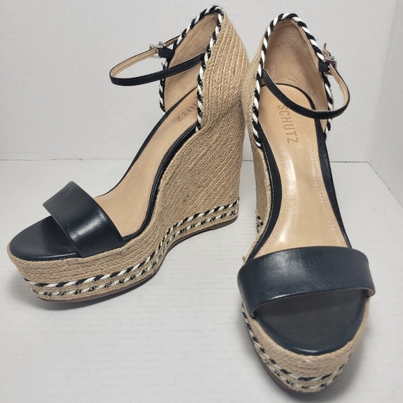 NWT SCHUTZ Black Leather Espadrille Wedges with Stripe Rope Piping - Picture 3 of 12